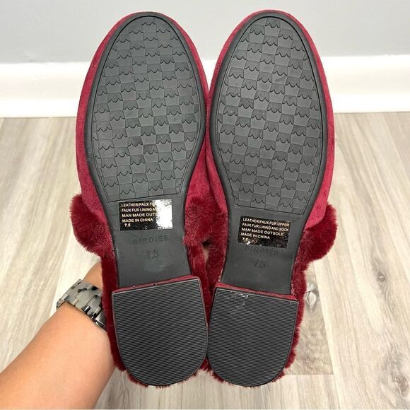 Birdies Slippers Women’s 7.5 The Songbird Merlot Ruby Red Suede & Fur Mule - Picture 5 of 6
